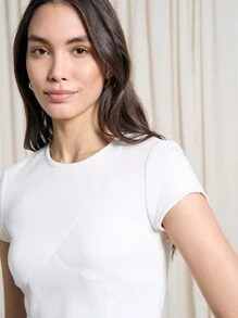 AiiRZ 潜水面料修身T恤盖袖公主线细节休闲办公室商务专业工作服夏季春季优雅 - 白色 - 查看 4