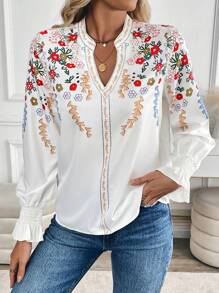 SHEIN Clasi Blusa casual con cuello en V, de manga larga, con estampado floral sencillo, para uso diario - Multicolor - Ver 3