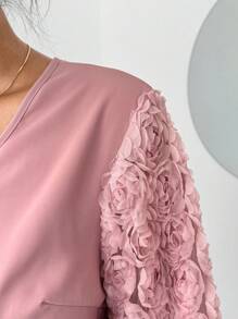 SHEIN Unity 大码优雅 3D 花卉灯笼袖衬衫，适合秋季 - 杏色 - 查看 8