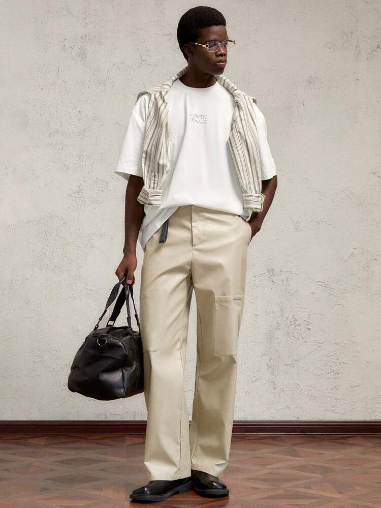 Men Loose Fit Woven PU Fabric Mid-Waist Long Straight Casual Khaki Pants, With Metal Buckle And Letter Metal Decor, Large Pockets