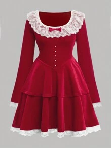 SHEIN 少女圣诞蝴蝶结珍珠纽扣蕾丝荷叶边褶皱红色连衣裙，秋冬装 - 紅白色 - 查看 3