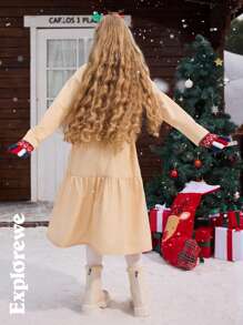 SHEIN 1pc Tween Girls Christmas Cartoon Printed Dress, Spring Autumn, Casual City Style Mid-Length Dress For Christmas, Casual Outings And Home Wear