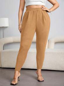 SHEIN PETITE CURVE 大码女式纯色高腰褶皱锥形休闲裤 - 棕色 - 查看 5