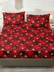 圣诞床笠和枕套红色背景网格雪花圣诞节圣诞节印花 3 件柔软超细纤维男孩女孩 1 床笠 2 枕套无被子圣诞节礼物 - 紅色 - 查看 2