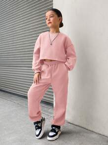 SHEIN Tween Girl Loose Solid Retro Cropped Crew Neck Hoodie And Sweatpants Casual 2 Pieces Set