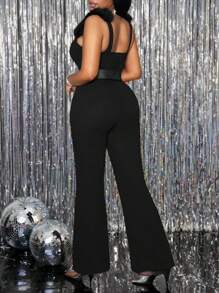 Slaydiva 2024 New Arrivals Elegant Sleeveless Jumpsuit For Valentine's Day, New Year Party, Wedding, High-End Design With Asymmetric Neckline, Fabric Patchwork Details & Belt, Suitable For Autumn
