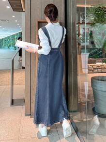 DAZY 返校季女士牛仔背带鱼尾连衣裙，秋季服装 - 中等水洗藍 - 查看 2