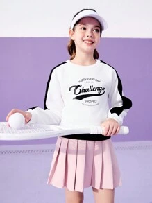 SHEIN 2pcs Girls Sport Suit Set, Letter Patchwork Sweatshirt And Black Tank Top, Crew Neck, Long Sleeve, For School, Work Out, Casual Wear, Fashionable Athletic Outfit For Girls