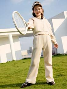 SHEIN 2 件套女孩休闲风格连帽拉链上衣和宽松长款运动裤套装，时尚 - 杏色 - 查看 4