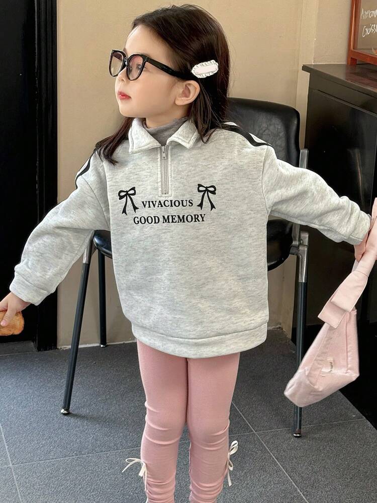 Young Girl Round Neck Zip-Up Simple Fashion Knit Print Sweatshirt
