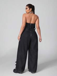 SHEIN ICON 大码夏季时尚镂空宽松露肩牛仔连体裤 - 黑色 - 查看 2