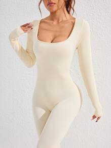 SHEIN Yoga Basic Women Square Neck Long Sleeve Solid Color Sports Jumpsuit