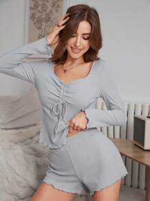 1 Set Women Casual Solid Color Sweetheart Neck Long Sleeve Top And Shorts Sleepwear