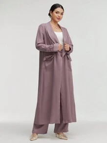 Graceveil Conjunto de dos piezas de abrigo largo de doble botonadura con cuello de chal y pantalones de unicolor, ropa modesta de otoño para mujeres - Morado - Ver 7