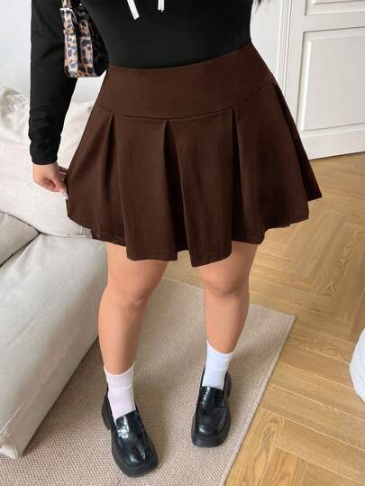 Solflare Plus Size Pleated Casual Versatile Skirt In Chocolate Brown
