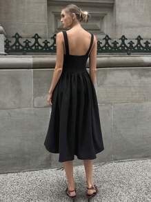 SHEIN Cottnline Women's Sweetheart Neck Patchwork Flare Midi Dress - Black - View 3