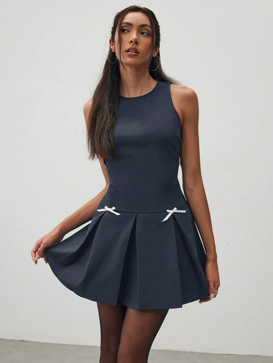 Aloruh Women Commuter Plain Color Bow Decor Pleated Mini Dress - Dark Grey - View 1