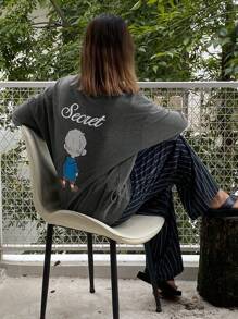 DAZY Cartoon Print Pattern Loose Shirt & Striped Pajama Pants 2pcs Sleepwear Set - Dark Grey - View 4