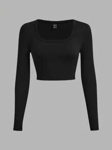 SHEIN EZwear 3 sztuki/opakowanie Casual U Neck Slim Fit Crop Long Sleeve T-shirts, odpowiednie na wiosnę i jesień - Wielokolorowe - Zobacz 10