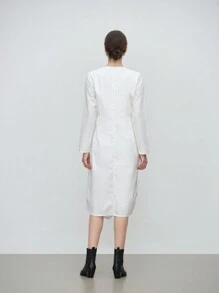 SHEIN LUNE 休闲白色不对称褶饰下摆长袖连衣裙 - 黑色 - 查看 2