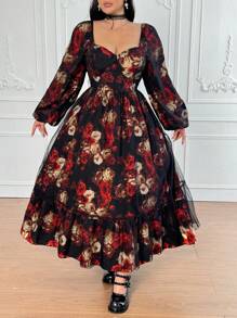 Flirla Đầm Maxi Tay Dài In Lưới Đen Co Giãn 4 Chiều Phong Cách Gothic Cổ Điển Thanh Lịch Cho Nữ - màu đen - Xem 1