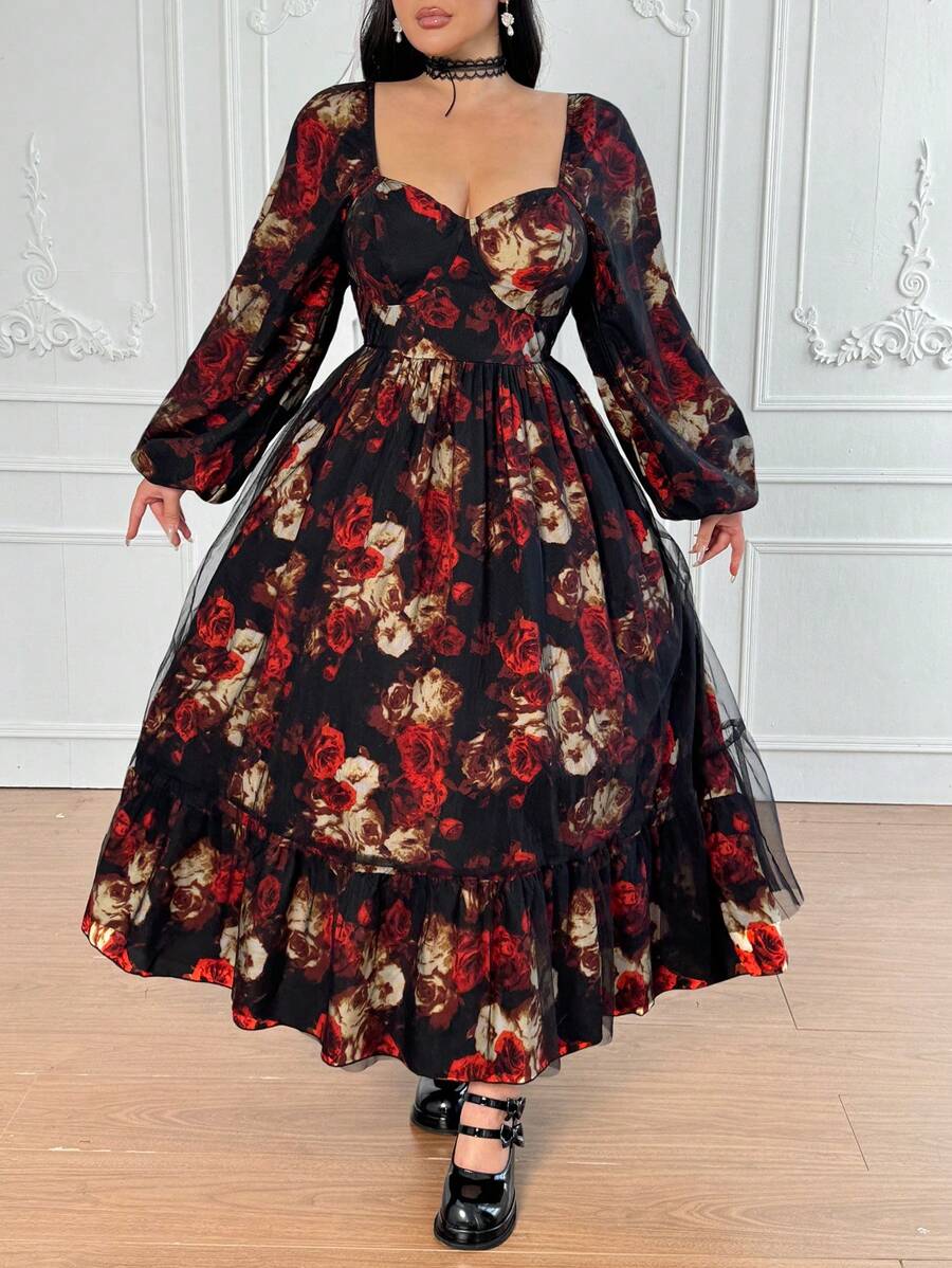 Flirla Đầm Maxi Tay Dài In Lưới Đen Co Giãn 4 Chiều Phong Cách Gothic Cổ Điển Thanh Lịch Cho Nữ - màu đen - Xem 1