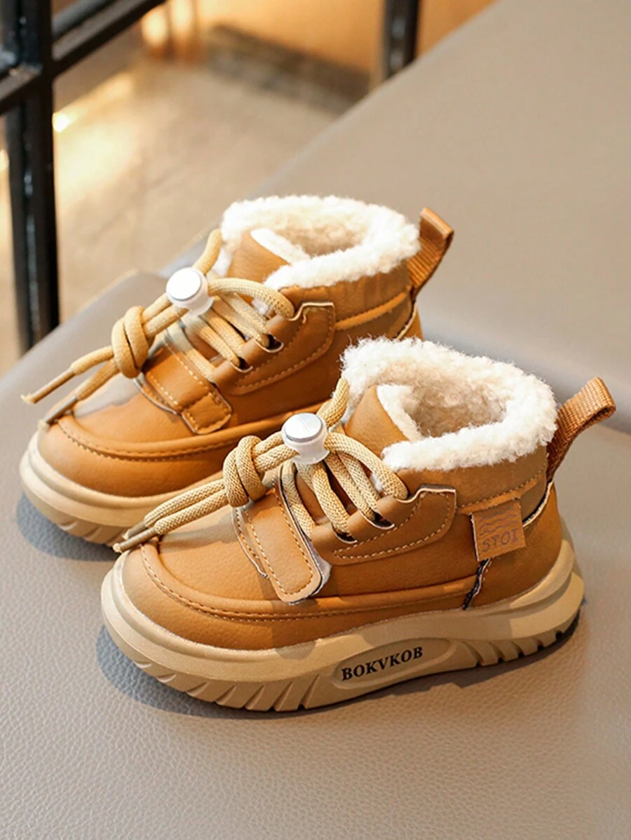 全新冬季毛绒内衬防滑雪地靴，适合幼儿男孩和女孩，户外保暖防水，适合婴儿和儿童 - 卡其色 - 查看 1