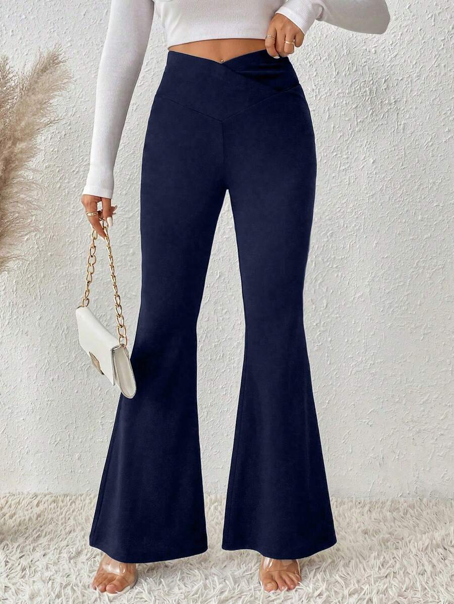 SHEIN Clasi 1pc Women Plain Minimalist Flare Leg Pants, Casual For Everyday Wear Fall Cloth For Women - Navy Blue - View 1