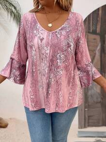 Plus Size Women Casual Digital Print Sweetheart Neck 3/4 Sleeve T-Shirt Graphic Tees Women Tops