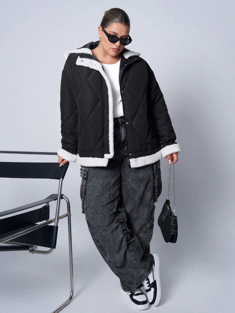 SHEIN EZwear Sudadera con capucha casual de manga larga con botones y panel frontal de piel sintética para talla grande