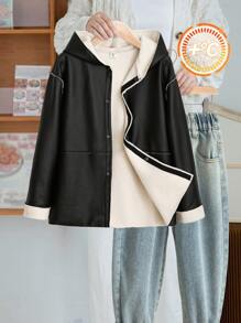 SHEIN 1 pieza Abrigo casual de colegio de color versátil, suave y cómodo, con forro térmico de piel sintética PU para adolescentes varones, ropa de vuelta al colegio para otoño e invierno