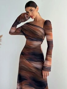 Firerie 1 件女式新款扎染雪纺长袖不对称肩飘逸连衣裙 - 彩色 - 查看 5