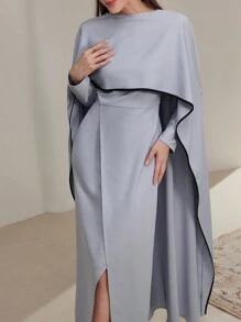 Modelyn Women's Solid Color Round Neck Poncho Splicing Slit Hem Elegant Dress Long Evening Dresses