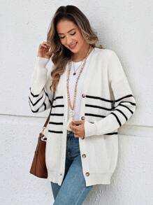 EMERY ROSE Women Casual Striped Button Front Dropped Shoulder Cardigan, Autumn/Winter - Black and White - View 5