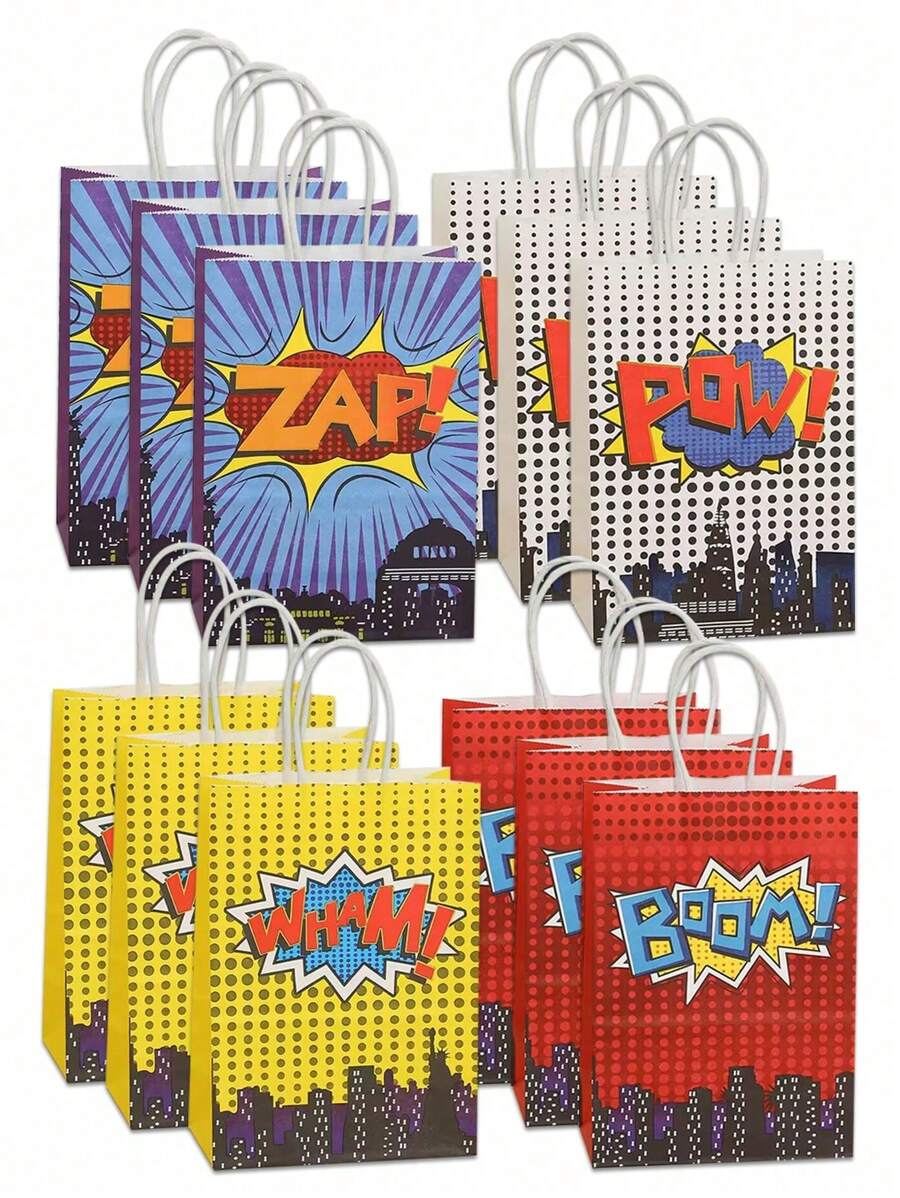 12 piezas Bolsas de fiesta de superhero, bolsas de regalo de súperheros de dibujos animados, suministros para fiesta temática de héroe, regalos de cumpleaños, con asa, recuerdos de fiestas de Superhera, dulces de papel para decoraciones de festividades de San Valentín