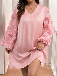 Celure 大码缎面拼布 3D 花卉装饰短款休闲连衣裙 - 粉色 - 查看 3