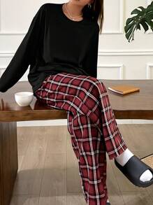DAZY Casual Loose Fit Top And Plaid Pattern Pants Loungewear Set, Fall Winter Clothes Pajama, Cozy Outfit