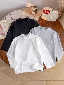 SHEIN Genkimix Kids 3 件套年轻男孩休闲街头装舒适立领长袖 T 恤，3 种颜色，适合学校、户外活动、运动、秋冬季