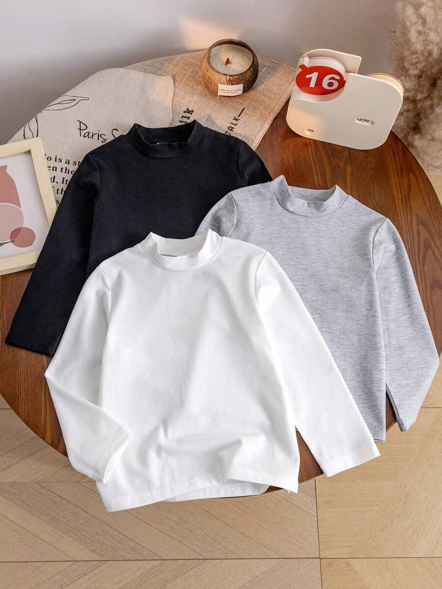 SHEIN Genkimix Kids 3 件套年轻男孩休闲街头装舒适立领长袖 T 恤，3 种颜色，适合学校、户外活动、运动、秋冬季