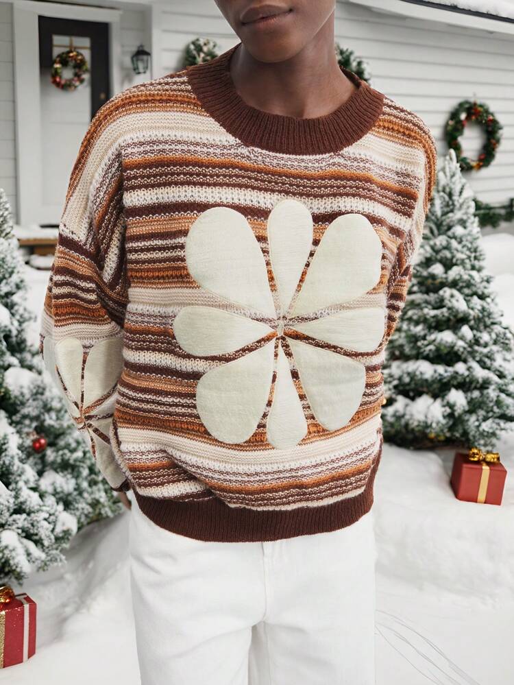 SHEIN Maija Women's Floral And Striped Patterns Drooping Shoulder Loose Christmas Sweater, Warm For Autumn/Winter