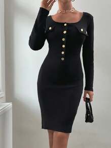 RueChic Casual And Chic Half Button Ribbed Knit Dress - Black - View 4