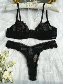 Snug Zone 2pcs/Set Women Floral Embroidery Mesh Fashion Sexy Lingerie Set - Black - View 2
