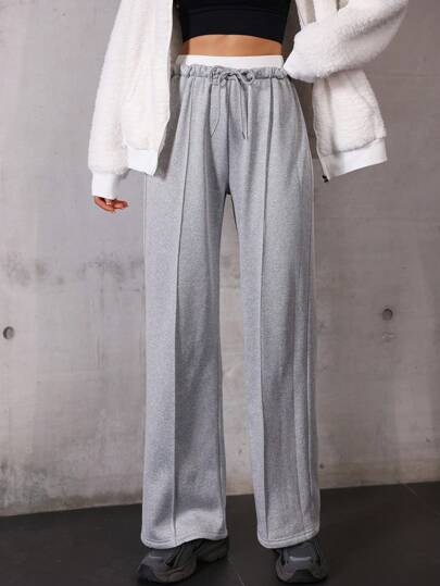 Hanevo Women's Casual Thermal Thermal Lined Contrast Color Waistband Design Wide Leg Pants, Autumn/Winter Sportwear For Daily Wear Fall Cloth For Women