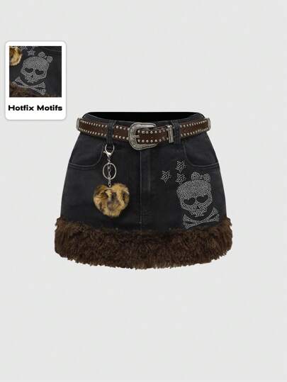 J-Fashion Plus Size Y2K Leopard Print Skull Rhinestones Decor Denim Mini Skirt