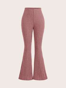 SHEIN EZwear 4 件套女式罗纹针织松紧腰喇叭休闲裤 - 藕粉色 - 查看 9