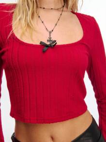 TypaGal Cherry Red Bowknot Square Neck Slim Fit Long Sleeves Rib-Knit Crop Top