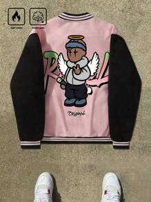 Manfinity Roghcode Áo khoác bóng chày lót nhiệt họa tiết hoạt hình Colorblock cỡ lớn cho nam, thường ngày mùa thu đông - Nhiều màu - Xem 1