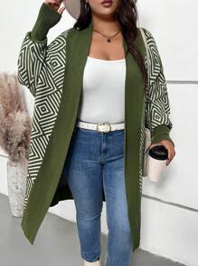 SHEIN LUNE 女士 V 领纯色长款毛衣连衣裙商务休闲女士、度假装、乡村上衣 - 軍綠色 - 查看 1