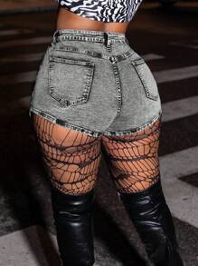 Dripcurv Short de mezclilla apretado y sexy de talla grande con falda elástica superpuesta, azul