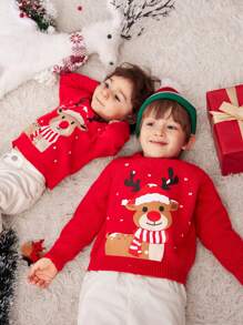 SHEIN Suéter de cuello redondo con estampado feo de Navidad, reno y gorro de Santa Claus, estilo casual y lindo para bebé niño/niña, adecuado para otoño/invierno, uso en casa, al aire libre y fiestas de Navidad